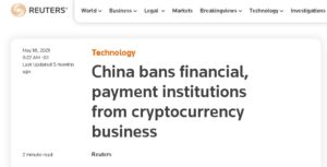 Notícia sobre banimento das criptomoedas da China em maio de 2021. Fonte: Reuters